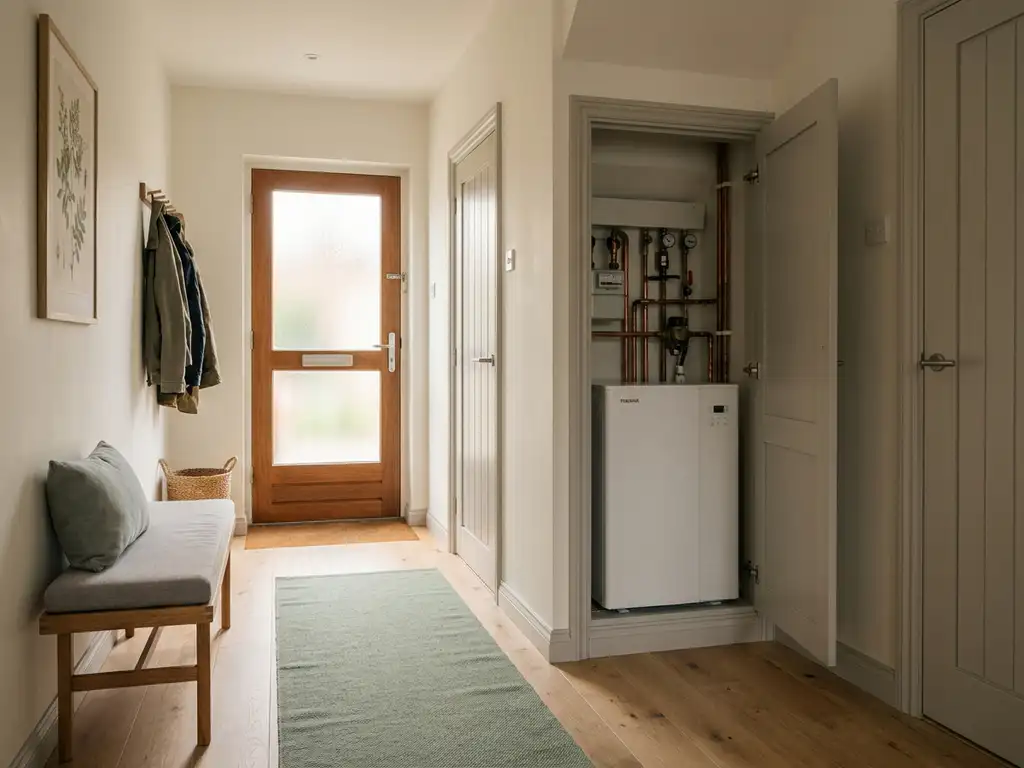 Gerenoveerde jaren 70 rijtjeshuis hal met lichte eiken vloer, witte wanden en een compacte warmtepomp zichtbaar in een open meterkast.