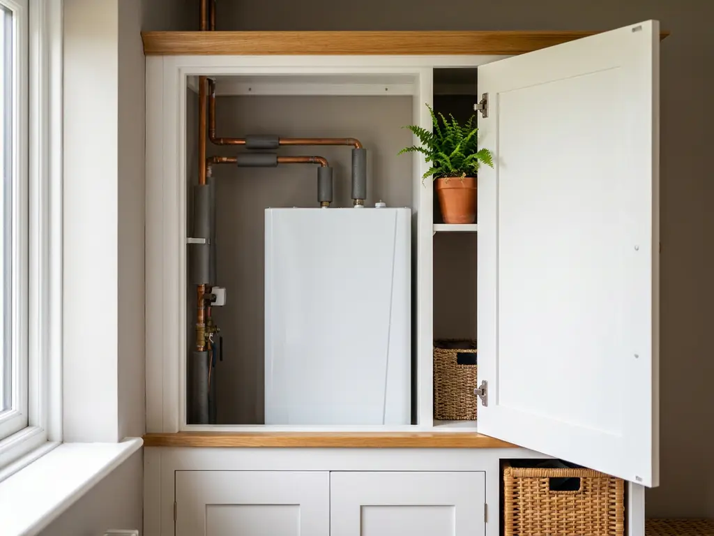 Compacte witte warmtepomp in een nette Nederlandse meterkast met koperen leidingen, eiken accenten en een klein potplantje op een nabijgelegen plank.