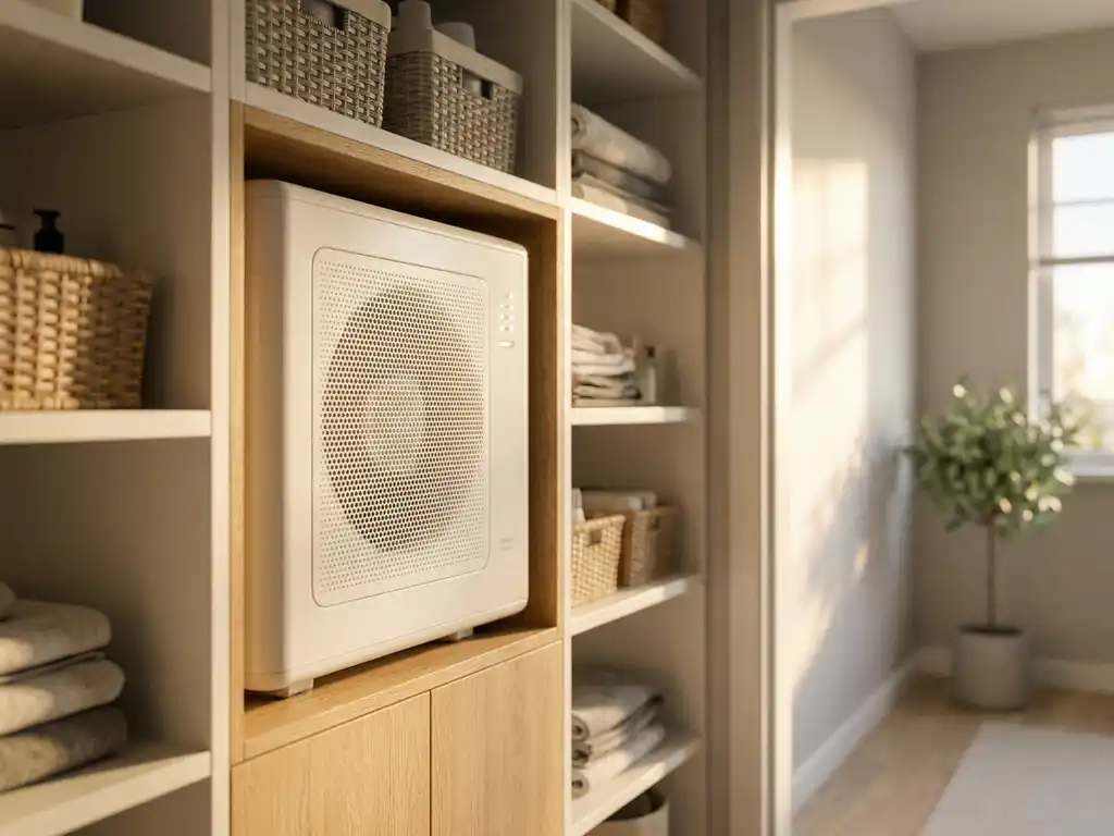Compacte witte warmtepomp in een opgeruimde meterkast met lichte eiken planken en witte wanden.