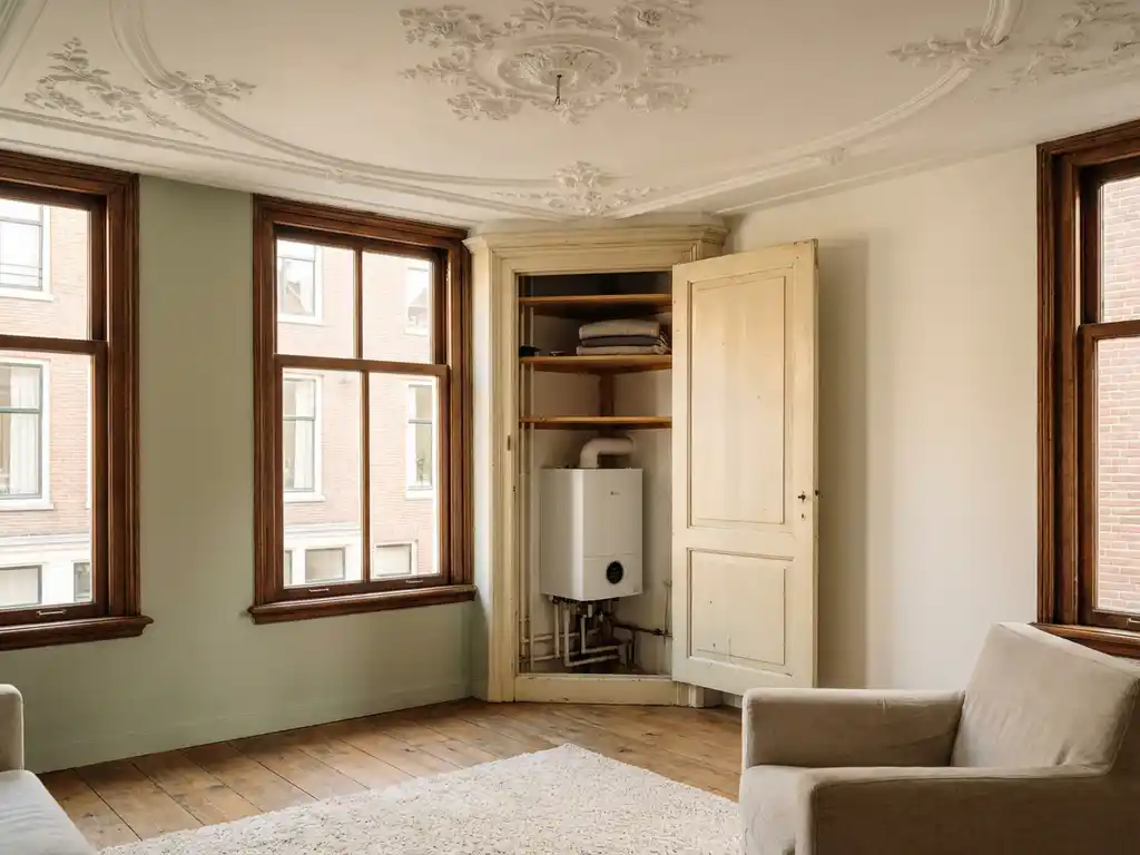 Compacte warmtepomp in meterkast van monumentale Nederlandse woning met sierlijk stucplafond en hoge enkelruits vensters.