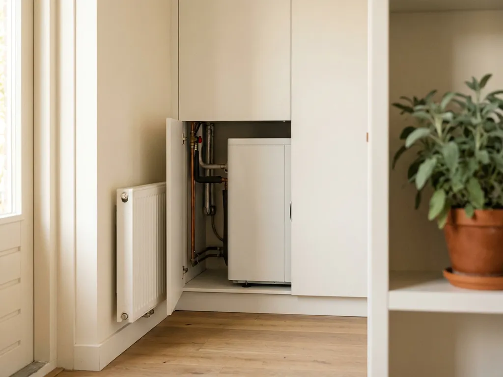 Compacte witte warmtepomp in Nederlandse meterkast, aangesloten op moderne radiator aan warmwitte muur, lichte eiken vloer zichtbaar.