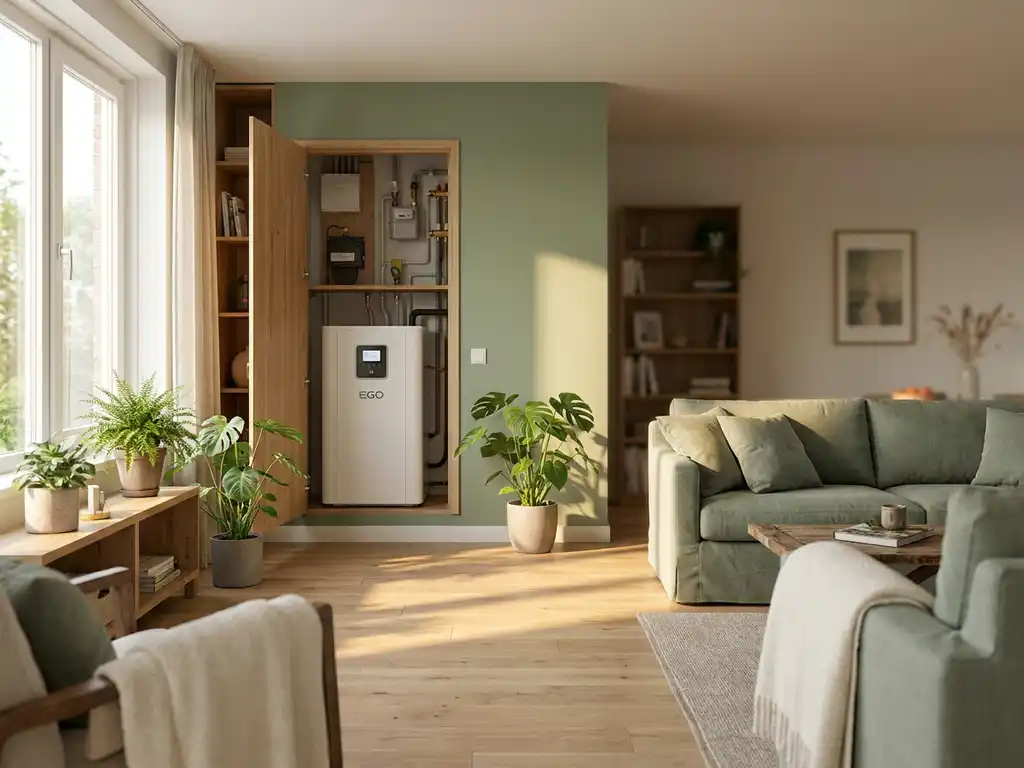 Compacte witte EGO warmtepomp in open meterkast van Nederlandse rijtjeswoning met lichte eiken vloer en kamerplanten.