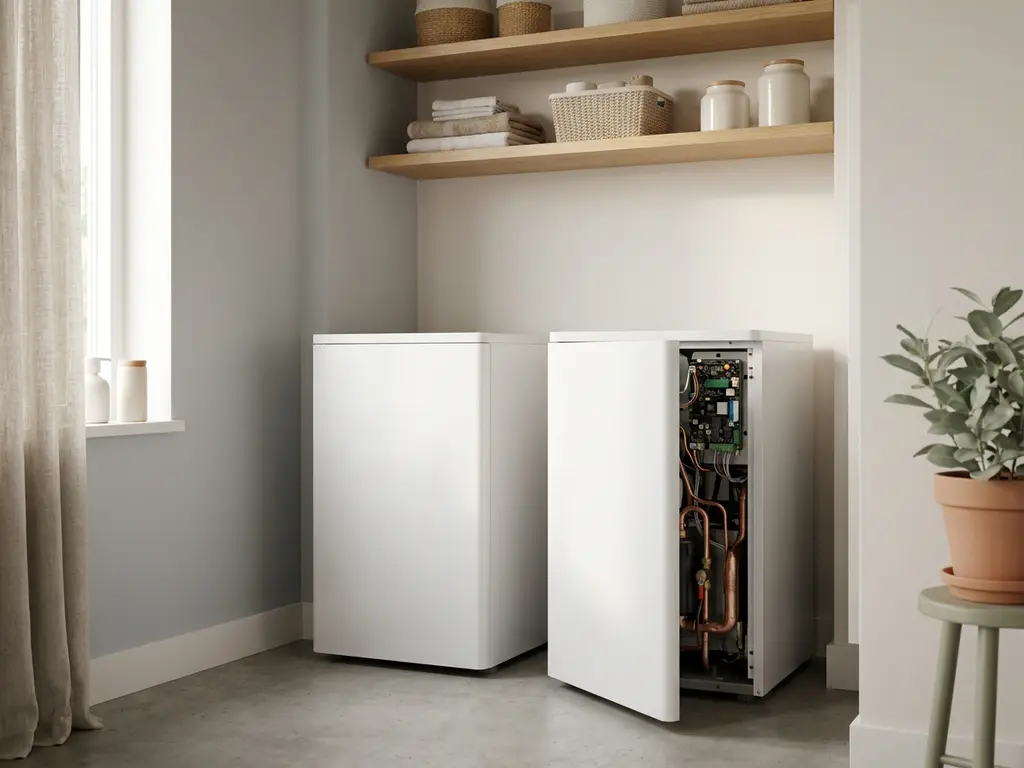 Twee witte monoblok warmtepompen naast elkaar in een Nederlandse technische ruimte, één met open paneel dat interne componenten toont.
