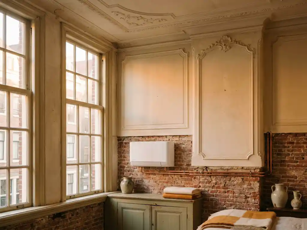 Compacte witte warmtepomp in monumentaal Nederlands interieur met sierlijk stucwerk, bakstenen muren en koperen leidingen.