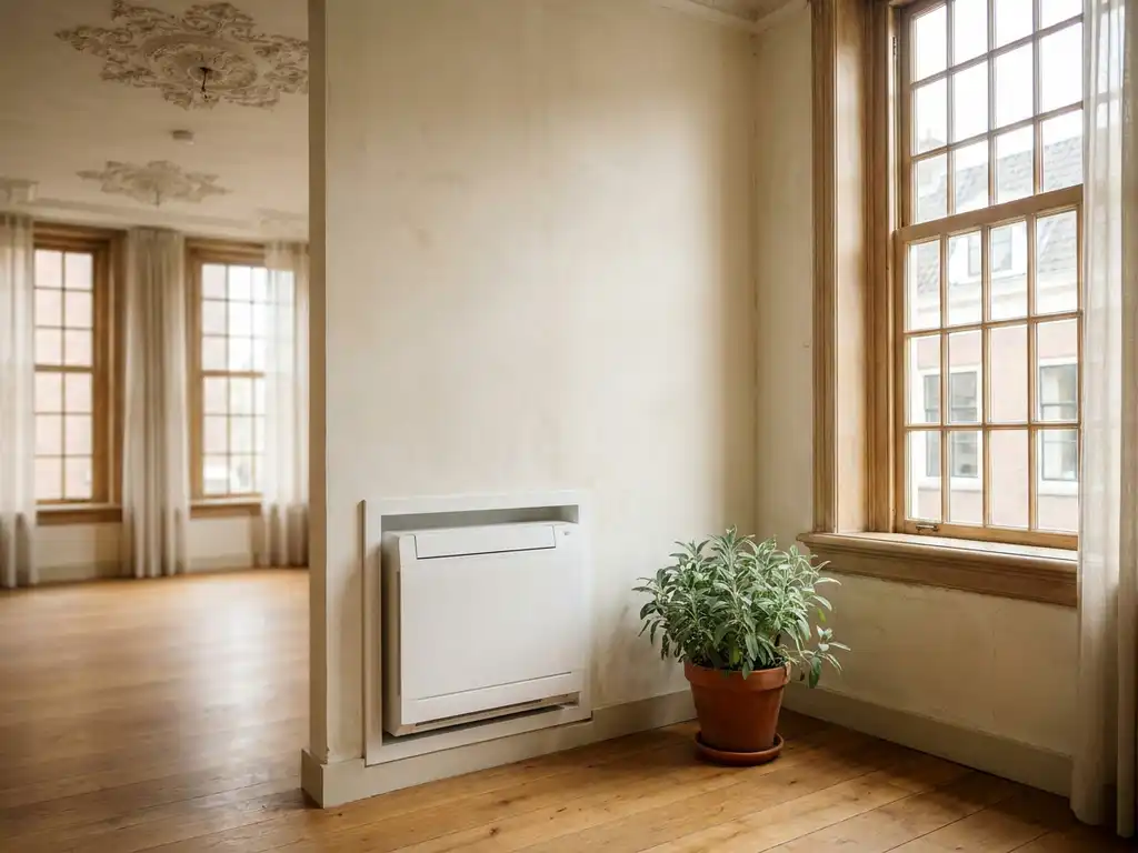 Compacte witte warmtepomp in monumentaal Nederlands interieur met sierlijk stucplafond, hoge schuiframen en warme eiken vloer.
