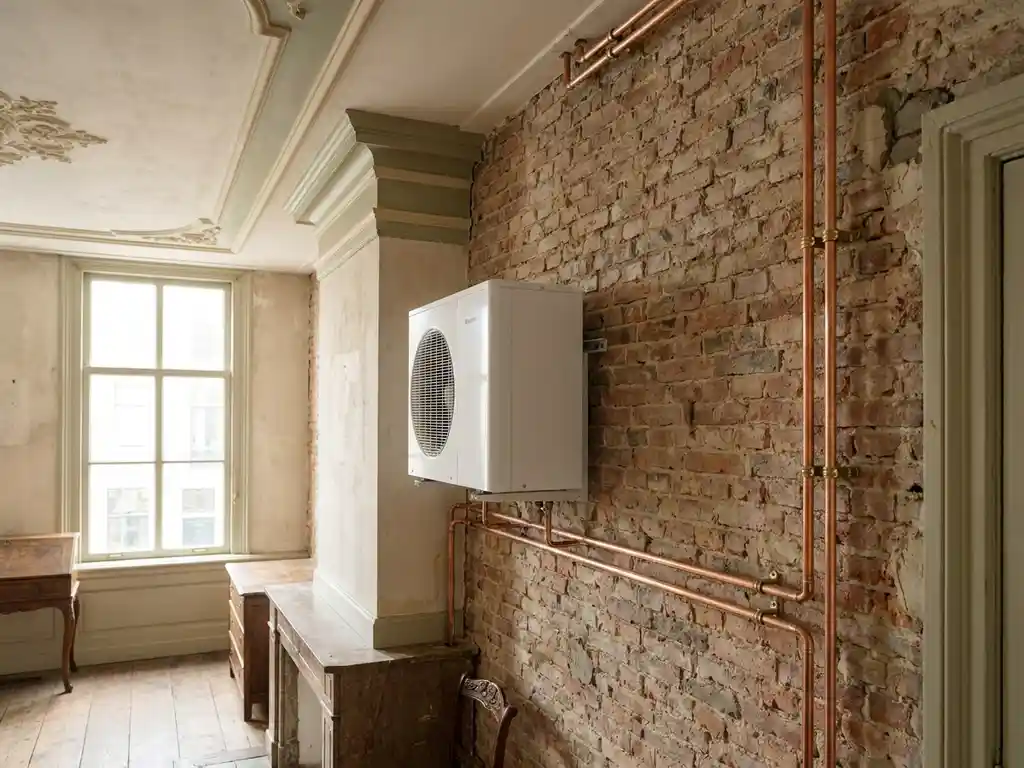 Witte warmtepomp in monumentaal pand met sierlijk stucwerk, bakstenen muur en koperen leidingen in historisch interieur.