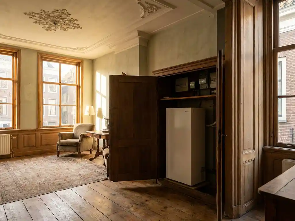 Slanke warmtepomp in meterkast van monumentale Nederlandse woning met originele stucplafonds en houten raamkozijnen.