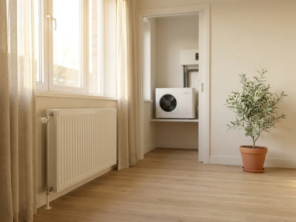 Witte paneelradiator aan muur in minimalistische Nederlandse woonkamer met warmtepomp in achtergrond en licht eiken vloer.