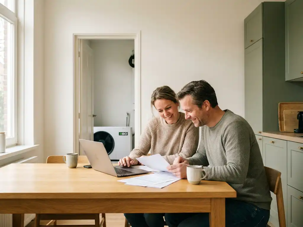Nederlands stel van begin 40 bestudeert documenten aan eiken keukentafel met laptop, witte warmtepomp zichtbaar op achtergrond.