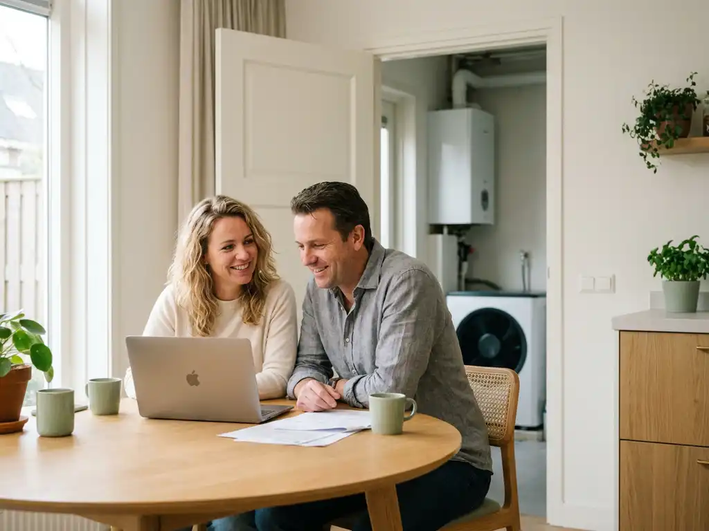 Nederlands stel van begin veertig bekijkt documenten aan eiken keukentafel met laptop, warmtepomp zichtbaar op achtergrond.