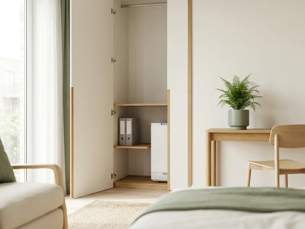 Open technische kast in modern Nederlands appartement met witte warmtepomp-unit en documentmap, lichte eiken accenten en kamerplant.