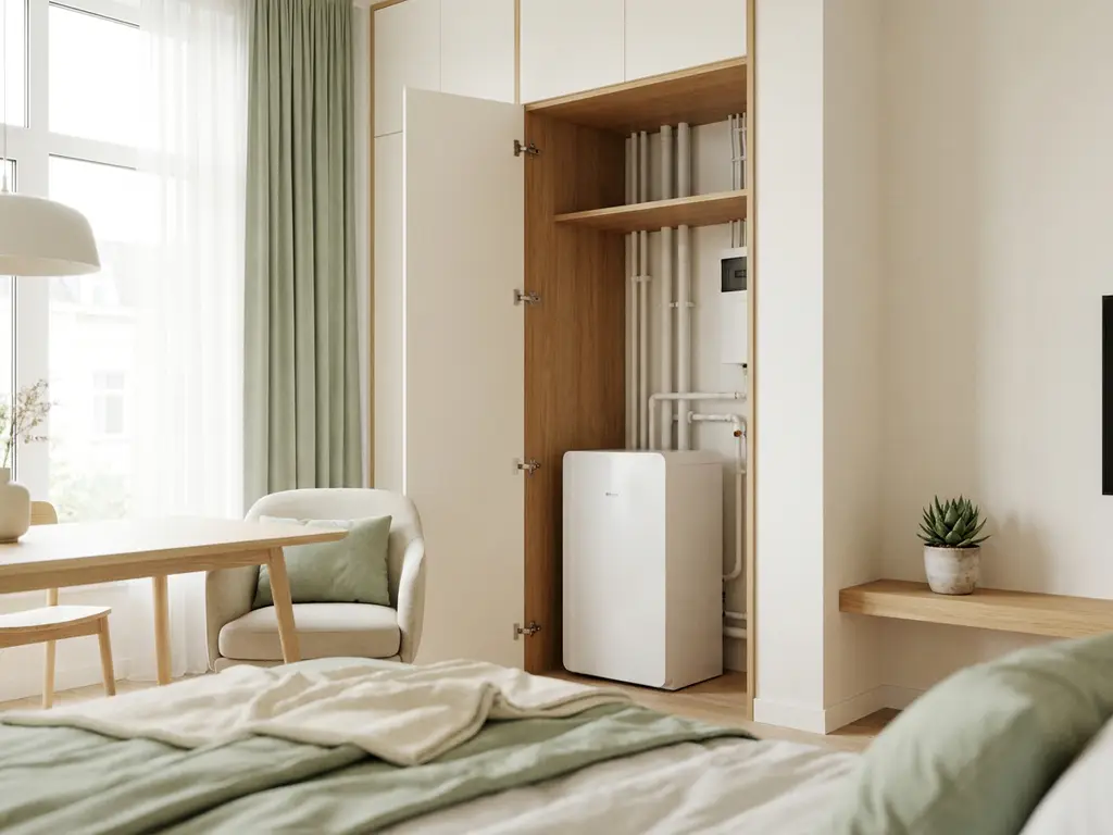 Compacte warmtepomp in technische kast van modern Nederlands appartement met lichte eiken accenten en witte leidingen.