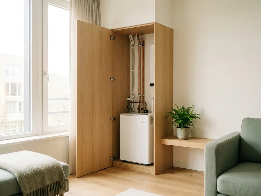 Compacte warmtepomp in technische kast van modern Nederlands appartement, met koperen leidingen en lichte eiken accenten.