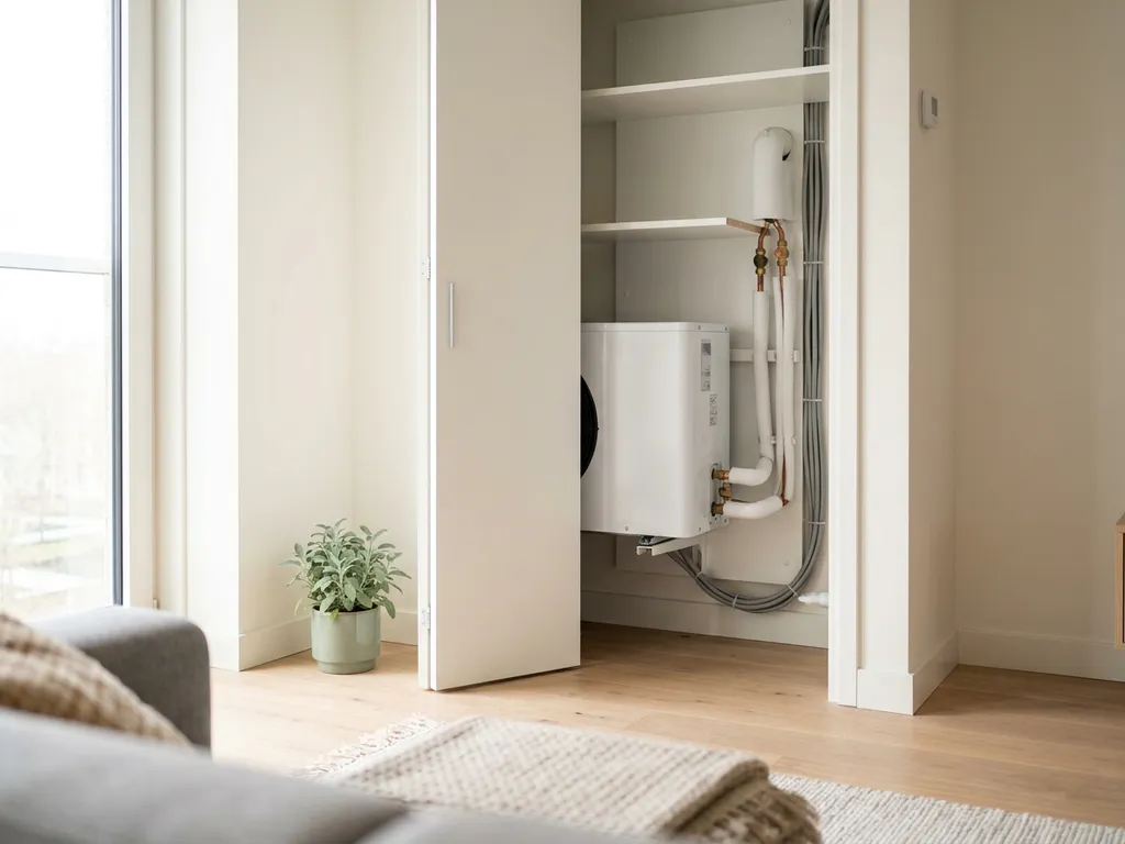 Compacte warmtepomp in technische kast van modern Nederlands appartement met lichte eikenhouten vloer en klein groen plantje ernaast.
