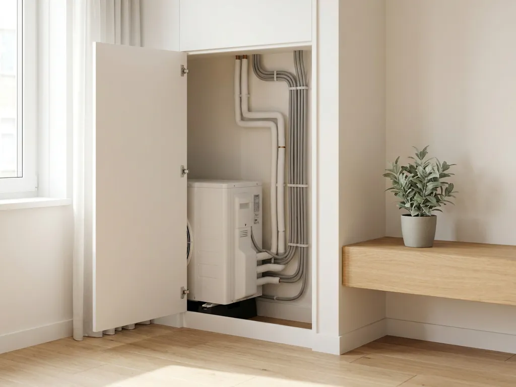 Compacte warmtepomp in technische kast van modern Nederlands appartement met lichte eikenhouten vloer en witte muren.