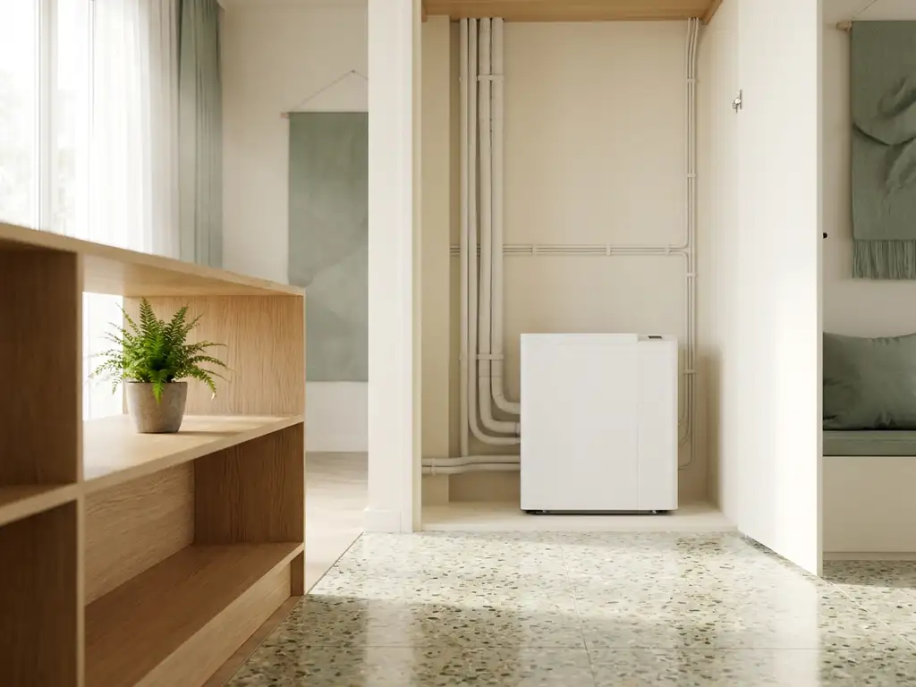 Compacte warmtepomp in open technische kast van modern Nederlands appartement met lichte eiken accenten en terrazovloer.
