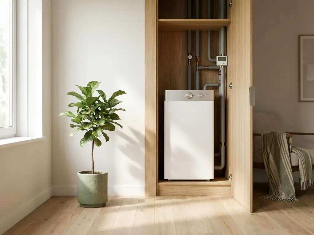 Compacte witte warmtepomp in open technische kast van modern Nederlands appartement met lichte eiken vloer en kamerplant.