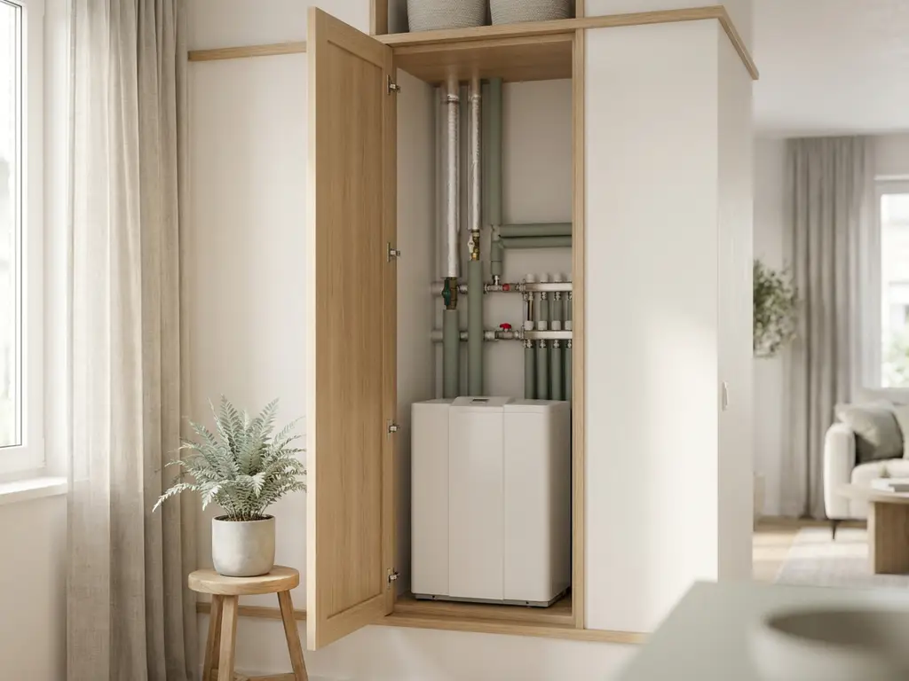 Halfopen technische kast in modern Nederlands appartement met compacte witte warmtepomp, lichte eiken accenten en kleine kamerplant.