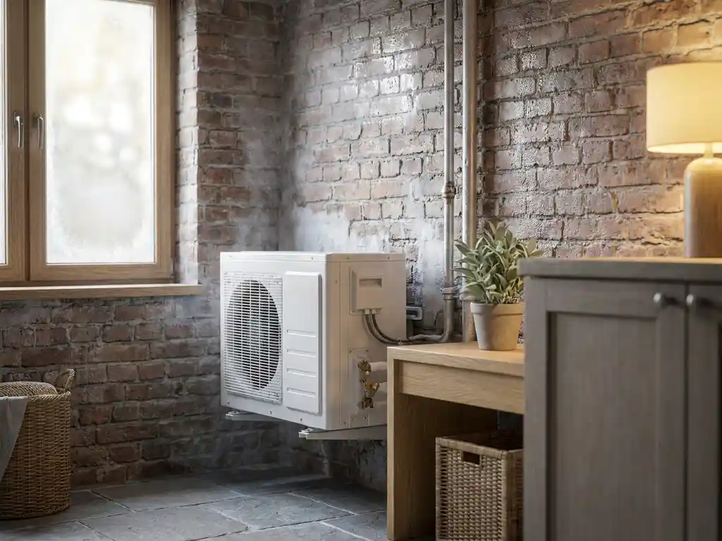 Witte warmtepomp in Nederlandse bijkeuken met slecht geïsoleerde bakstenen muur, condensatie en enkelvoudig raam met rijp.