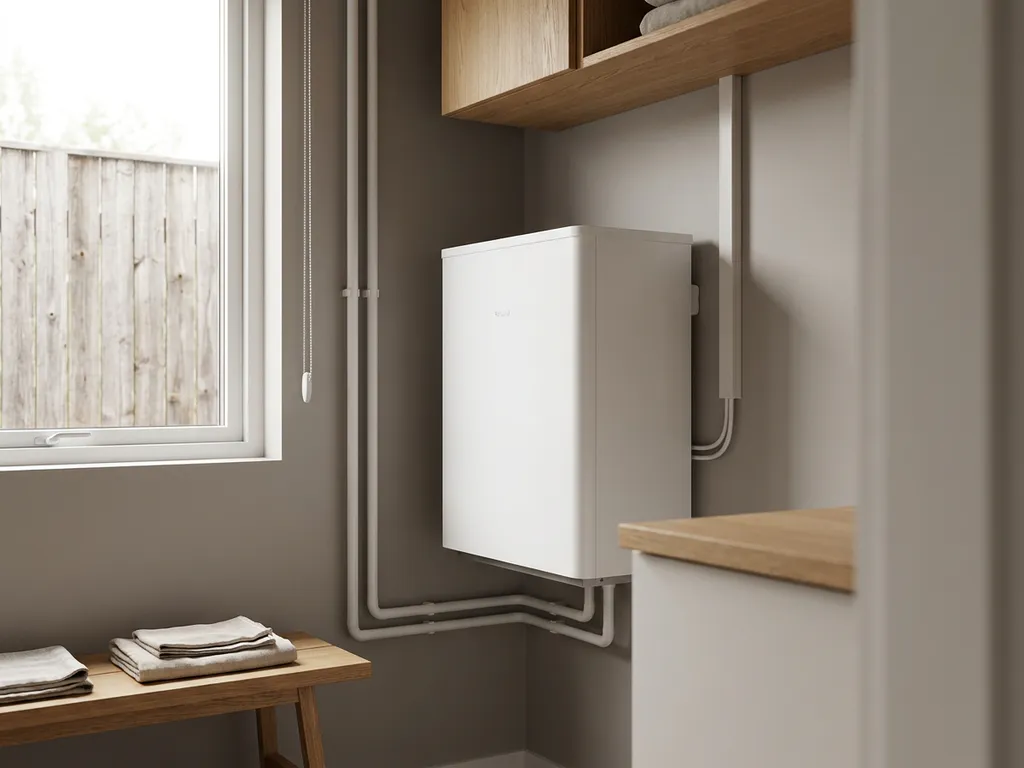 Compacte witte warmtepomp tegen binnenmuur in Nederlandse bijkeuken, met houten schutting zichtbaar door raam op korte afstand.