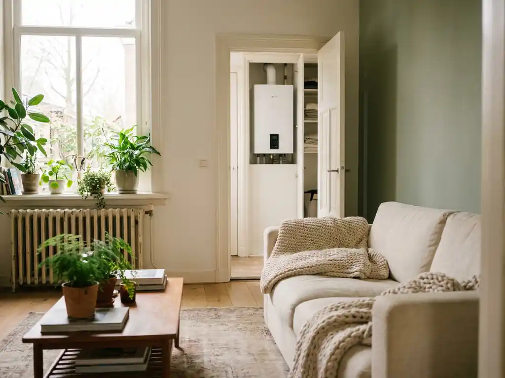 Compacte warmtepomp in meterkast van Nederlandse woonkamer met eiken vloer, kamerplanten en radiatoren in zachte winterverlichting.