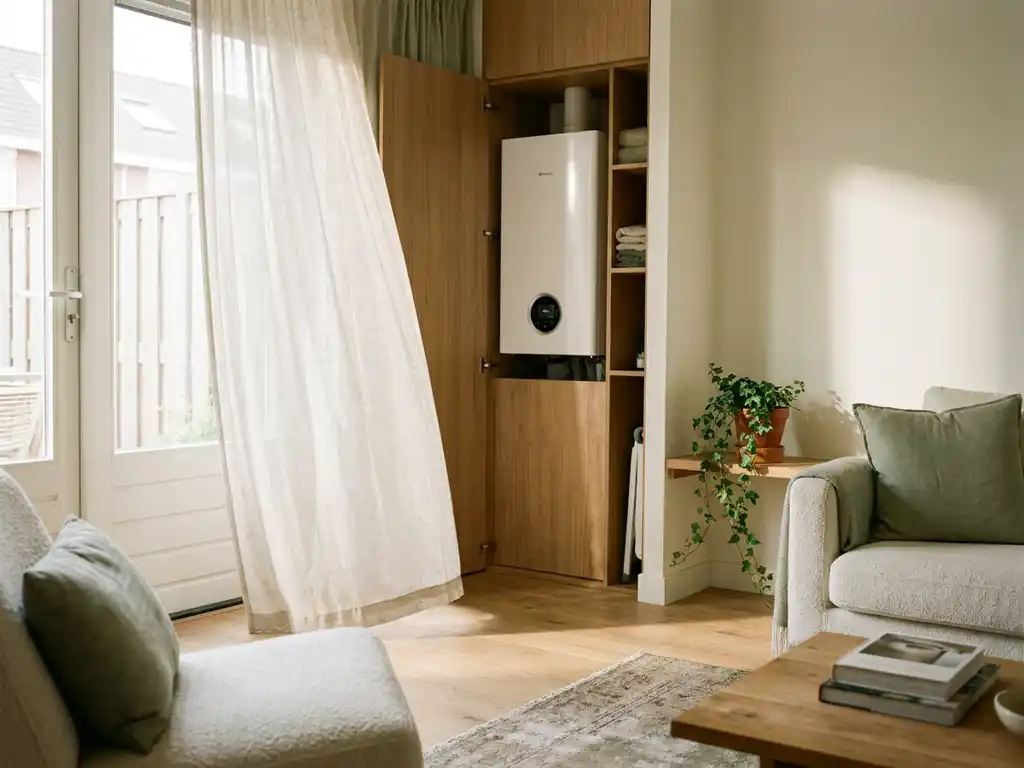 Witte compacte warmtepomp in open meterkast van Nederlandse rijtjeswoning, met lichte linnen gordijnen en lichtgroen interieur.