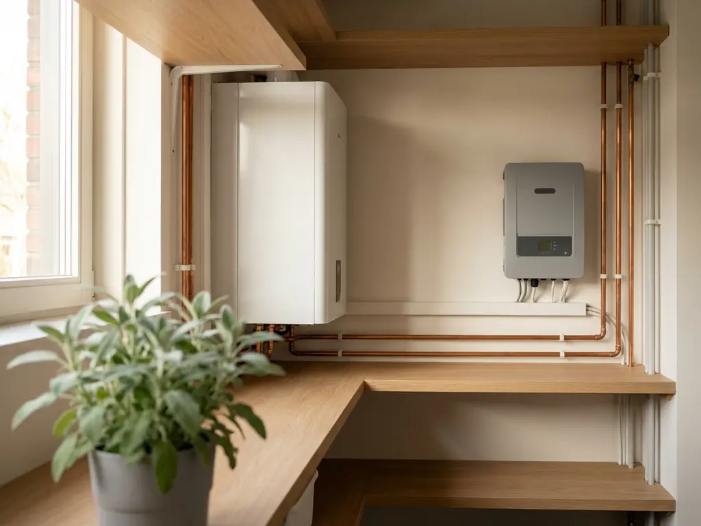 Warmtepomp en zonne-energie omvormer in moderne Nederlandse meterkast met koperen leidingen en eiken planken.