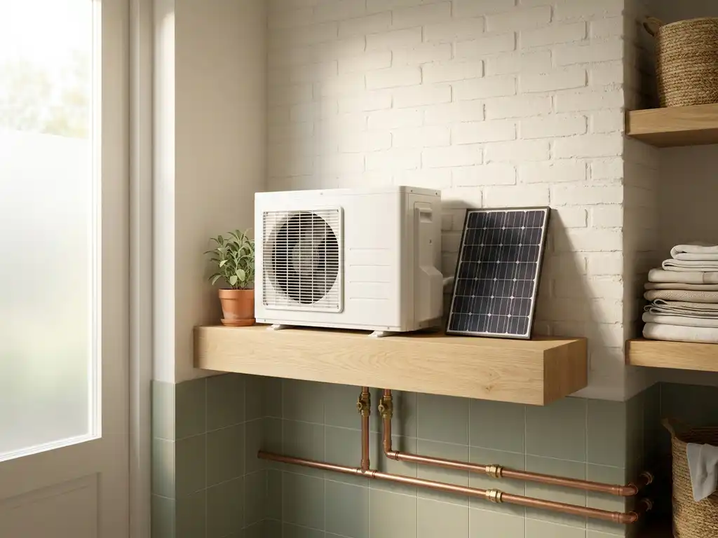 Witte warmtepomp naast zonnepaneel op eikenhouten plank in Nederlandse meterkast, koperen leidingen en salieplant zichtbaar.