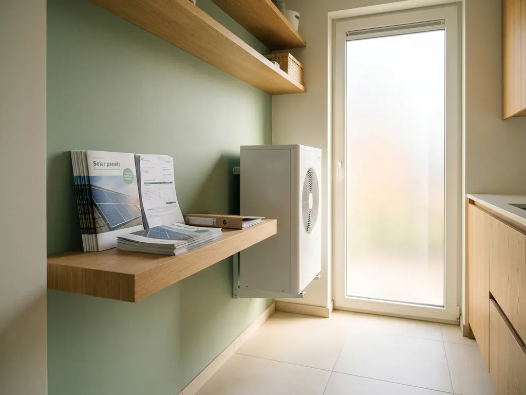 Witte warmtepomp in nette Nederlandse technische ruimte, naast zonnepaneel­brochures op eikenhouten plank, zacht daglicht door matglas raam.