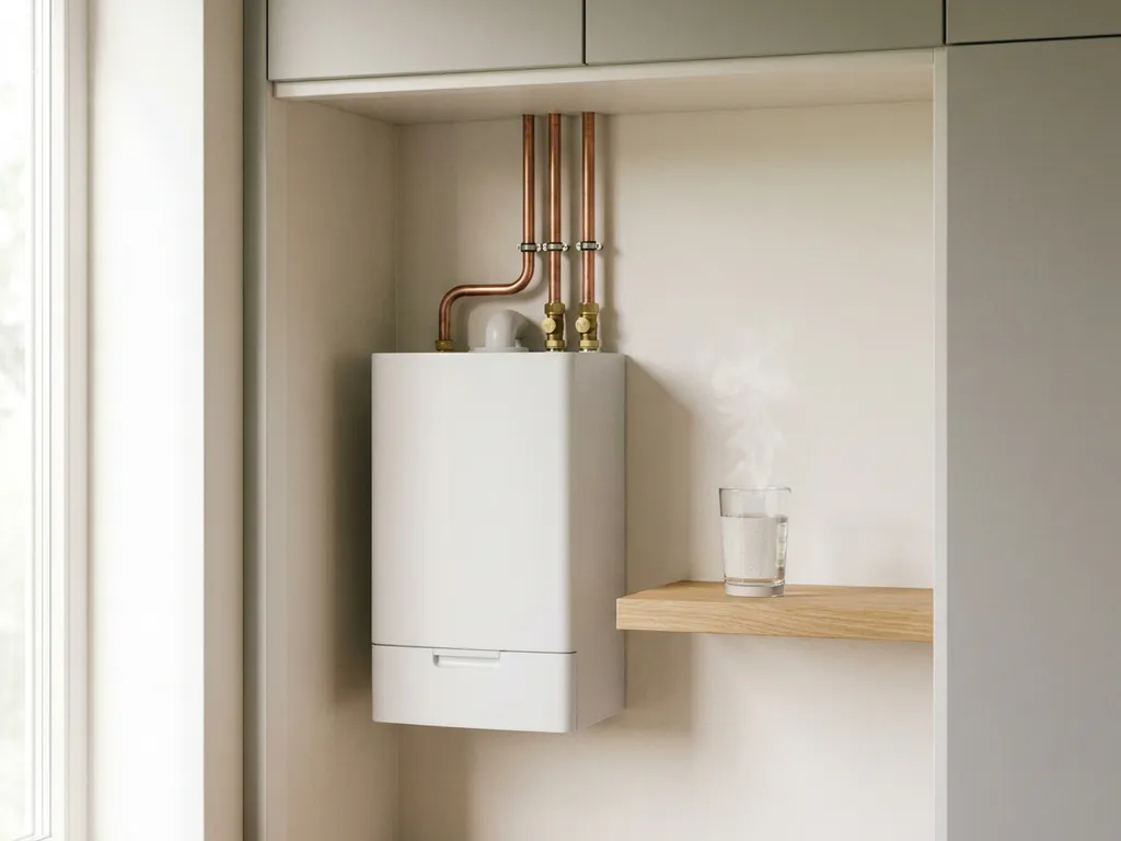 Compacte witte warmtepomp in moderne technische ruimte met koperen leidingen en een dampend glas warm water op eikenhouten plank.