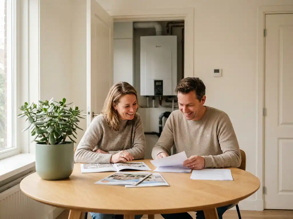Nederlands stel van middelbare leeftijd bekijkt woningdocumenten aan eiken keukentafel, warmtepomp zichtbaar op achtergrond.