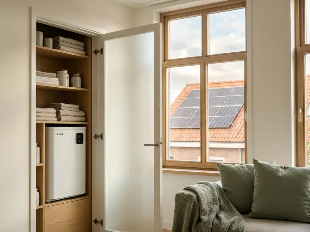 Witte EGO warmtepomp in lichte bijkeuken met eiken planken, zonnepanelen op Nederlands dak zichtbaar door raam op de achtergrond.