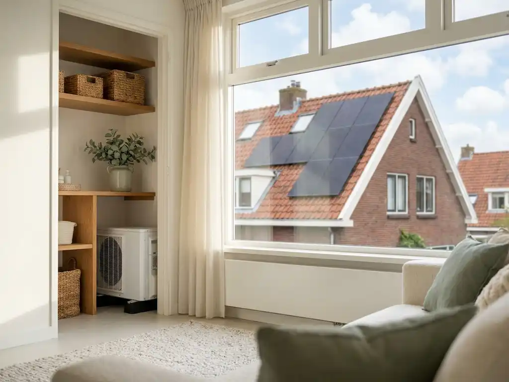 Witte warmtepomp in lichte Nederlandse bijkeuken met eiken plank, salieplant en zonnepanelen op dak zichtbaar door raam.