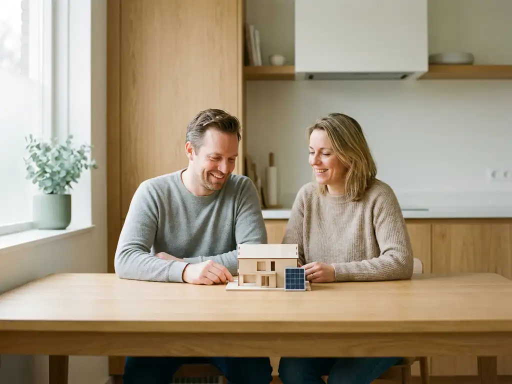 Nederlands stel aan eiken keukentafel met architectuurmodel en zonnepaneel sample, natuurlijk raamlicht.