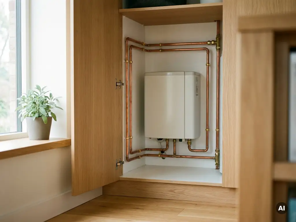 Compacte witte warmtepomp in nette meterkast met koperen leidingen langs witte muren en lichthouten omgeving.