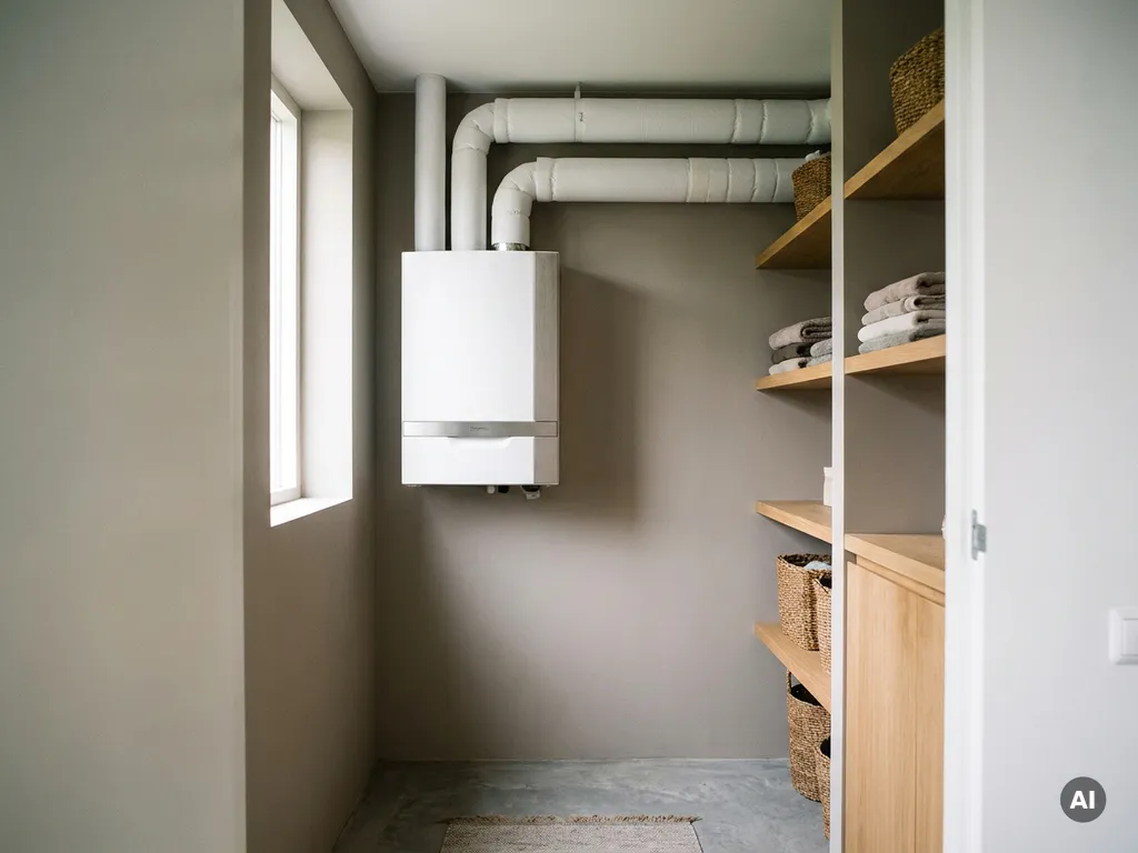 Compacte witte warmtepomp in een moderne Nederlandse meterkast met witte geïsoleerde luchtkanalen en lichte eikenhouten planken.