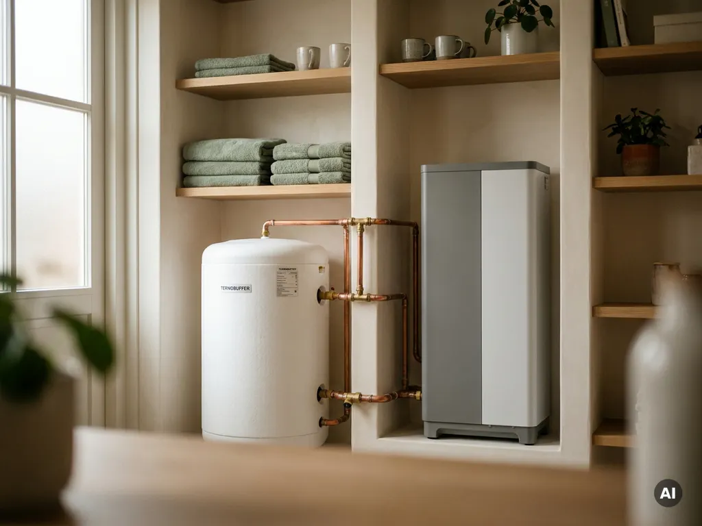 Witte thermische buffervat gekoppeld aan een binnenunit van een warmtepomp in een nette Nederlandse technische ruimte, met koperen leidingen.