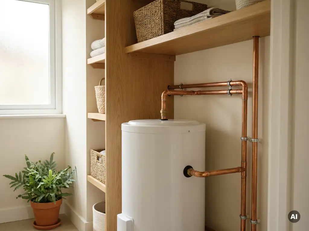 Witte thermische buffervat met koperen leidingen in moderne technische ruimte met eiken planken en zijdelings daglicht.