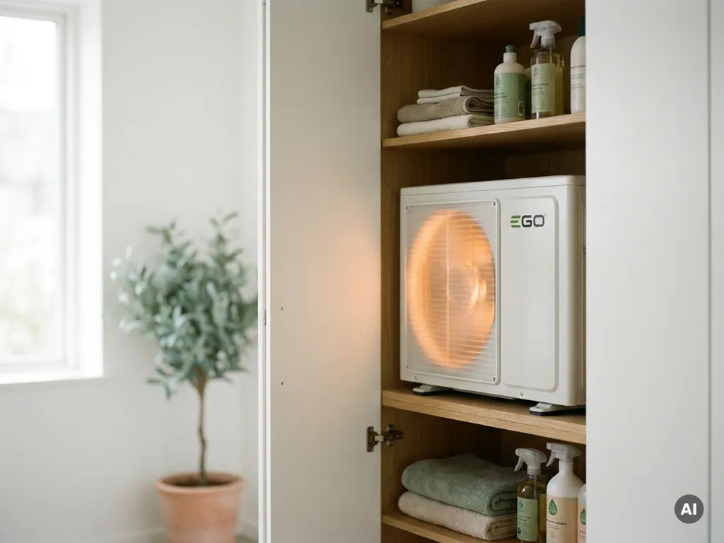 Compacte witte EGO warmtepomp in een moderne Nederlandse meterkast met lichte eiken planken en een halfopen deur.