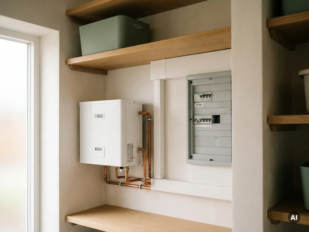 Witte EGO warmtepomp in een Nederlandse meterkast met koperen leidingen, kabelgoot en zekeringkast met 3x25A automaat.