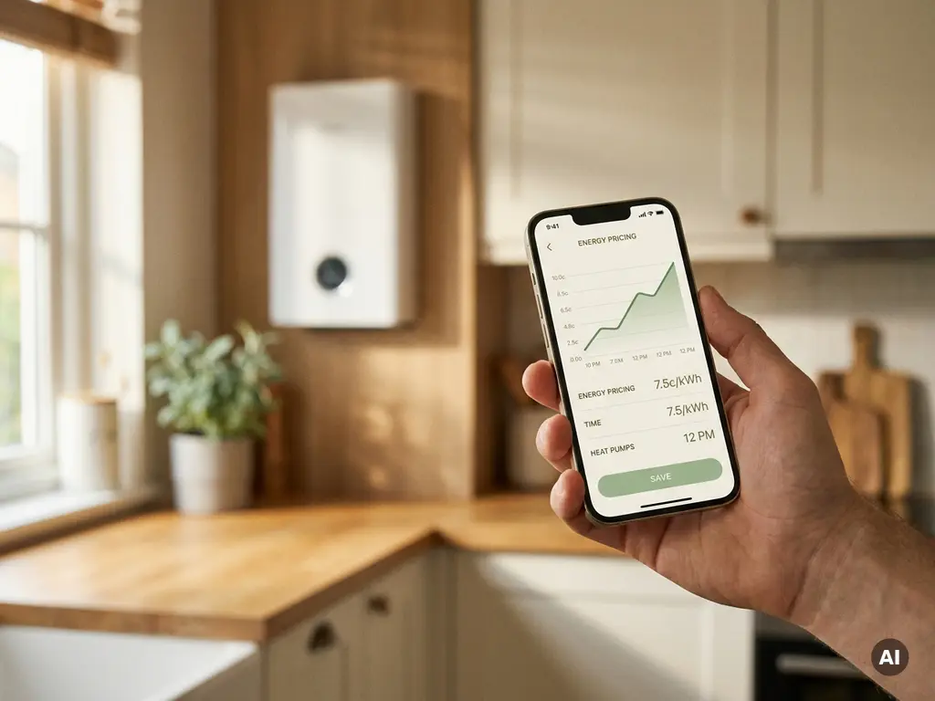 Hand met smartphone met energieprijzengrafiek in moderne keuken, witte warmtepomp zichtbaar op achtergrondmuur, natuurlijk daglicht.