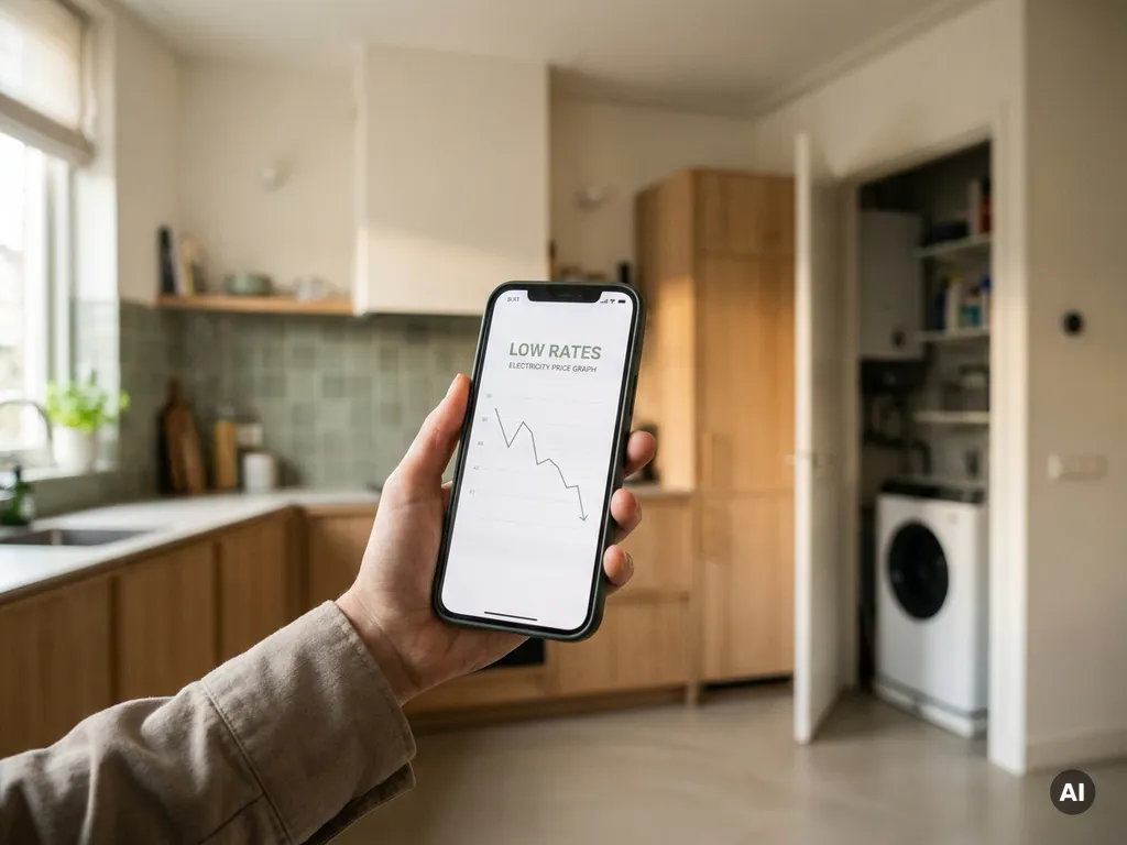 Hand met smartphone toont energieprijsgrafiek met lage stroomtarieven, warmtepomp zichtbaar op achtergrond in Nederlandse keuken.