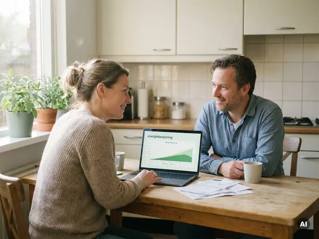 Nederlandstalig echtpaar in de veertig bekijkt energierekeningen en besparingsgrafiek op laptop aan een eiken keukentafel.