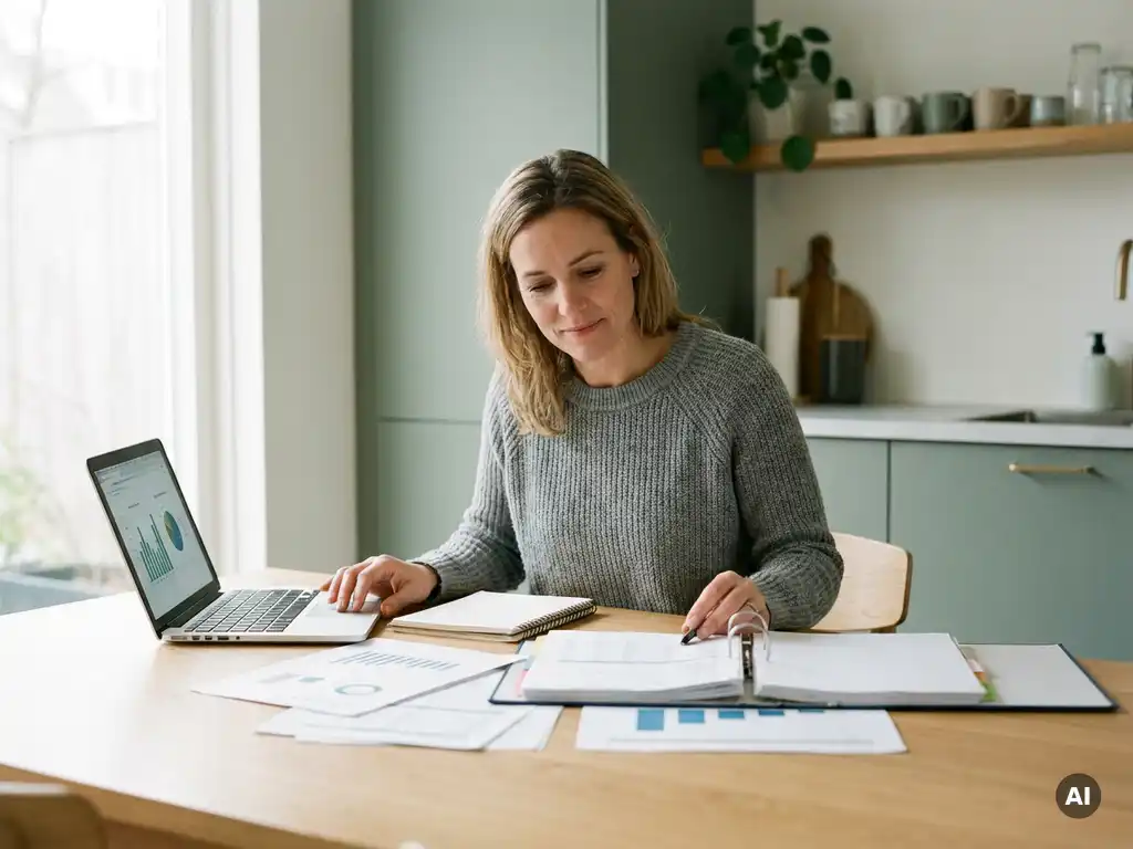 Nederlandse huiseigenaar bekijkt energierekeningen en besparingen aan eiken keukentafel met laptop en documenten.