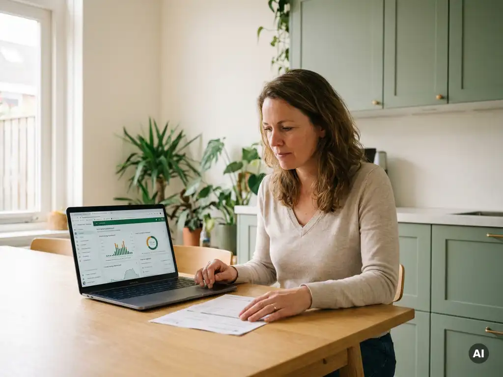 Nederlandse huiseigenaar bekijkt energierekening aan eiken keukentafel met laptop waarop een energie-dashboard zichtbaar is.