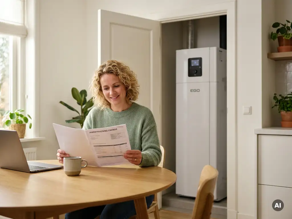 Nederlander van middelbare leeftijd bekijkt energierekening aan eiken keukentafel, warmtepomp zichtbaar in achtergrond.