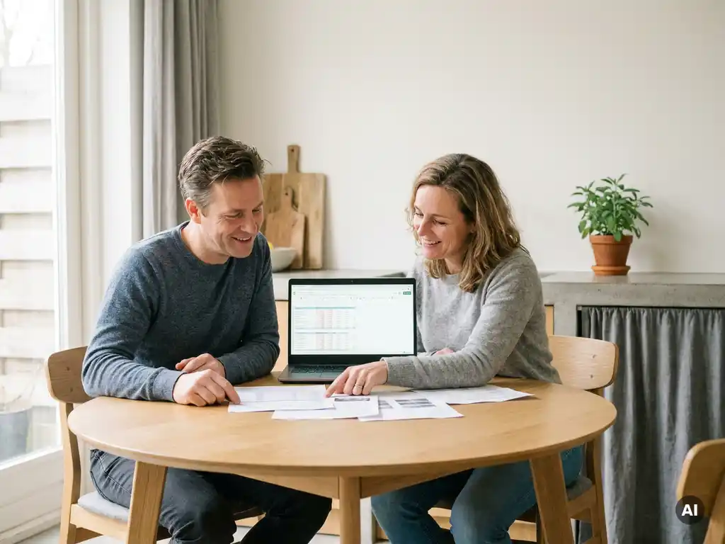 Stel van middelbare leeftijd bekijkt kostenoverzicht aan eiken keukentafel met laptop, zonnig interieur op de achtergrond.