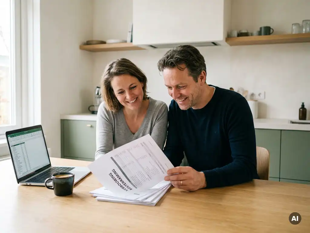 Nederlandstalig stel van begin veertig bekijkt kostenramingen aan een lichte eiken keukentafel met laptop en koffie.