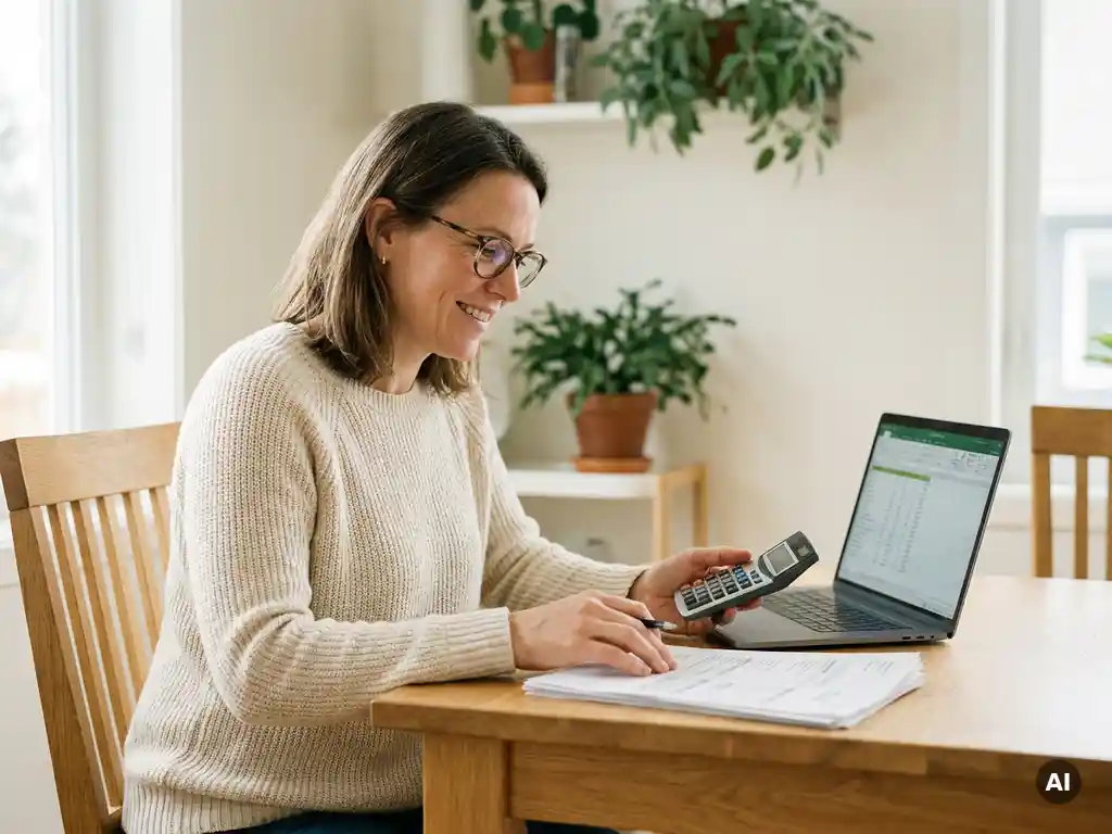 Nederlandse huiseigenaar van begin 40 bekijkt energierekeningen met rekenmachine en laptop aan houten keukentafel.