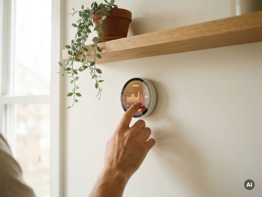 Hand die een digitale thermostaat bijstelt op een warme witte muur, met amber display voor energiebewust verwarmen.